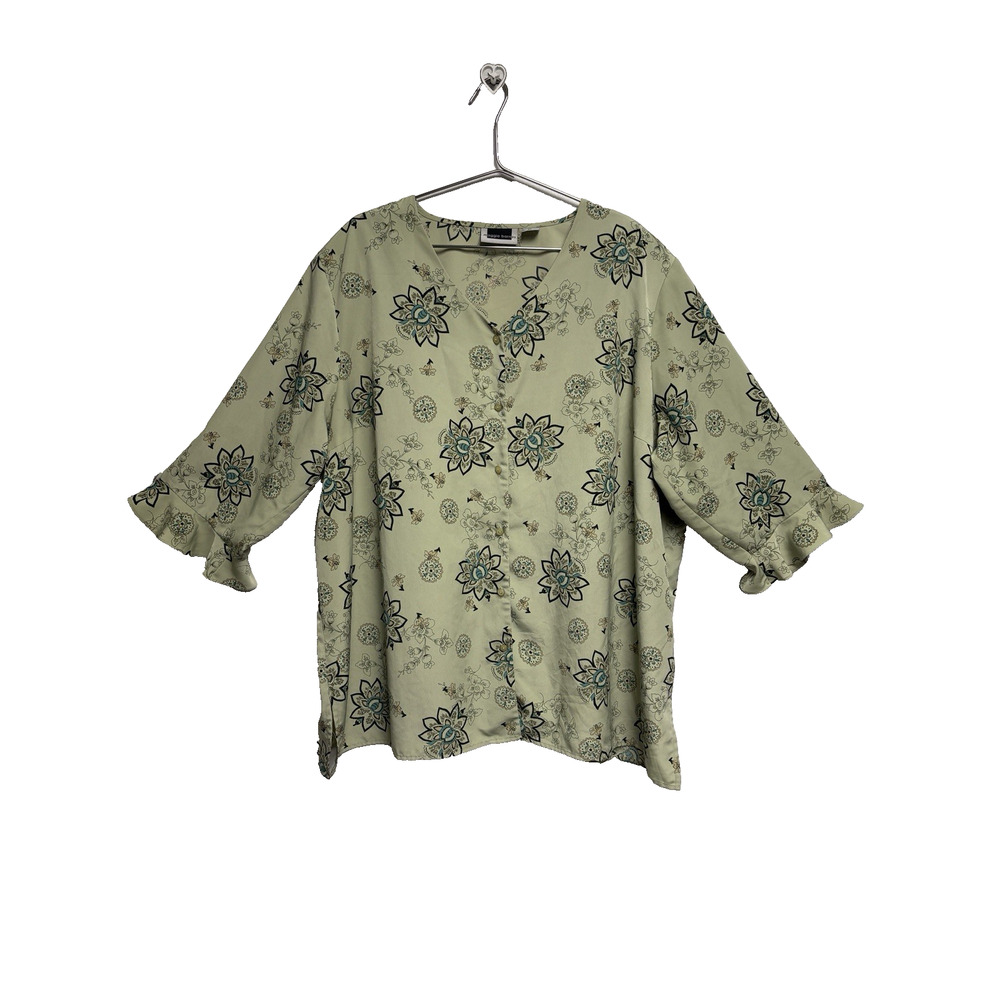 Maggie Barnes Green Floral Button Front Women's Blouse Top - Size 30W